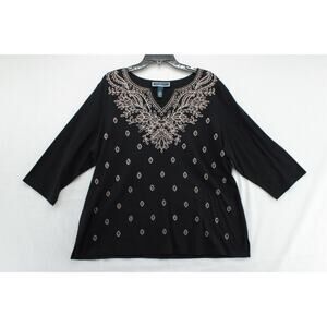 Karen Scott Tunic Top Women's 2X Black Holiday Long Sleeve Beaded Embroidered